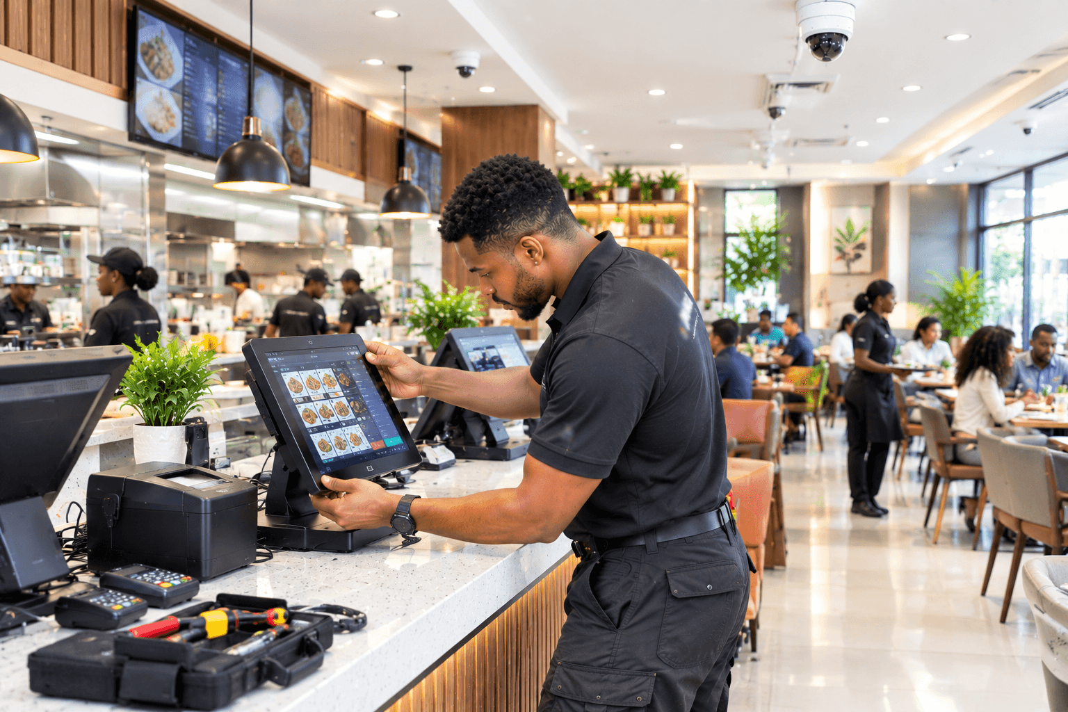 Upscale restaurant interior with connected guest Wi-Fi and POS systems