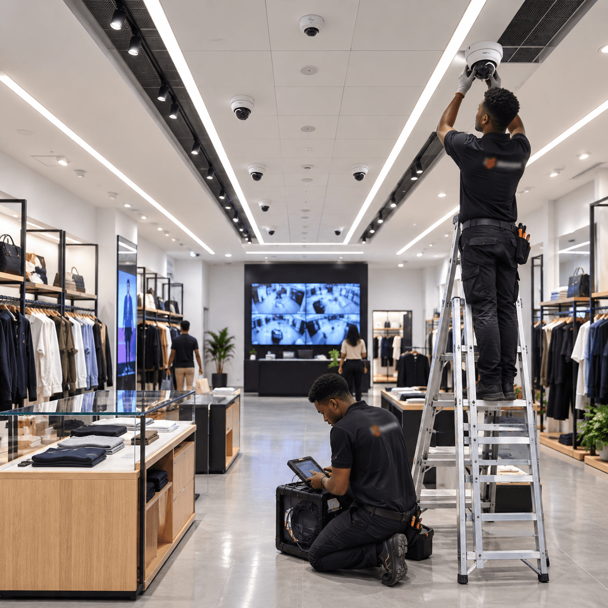 Modern retail store environment with digital systems and checkout technology
