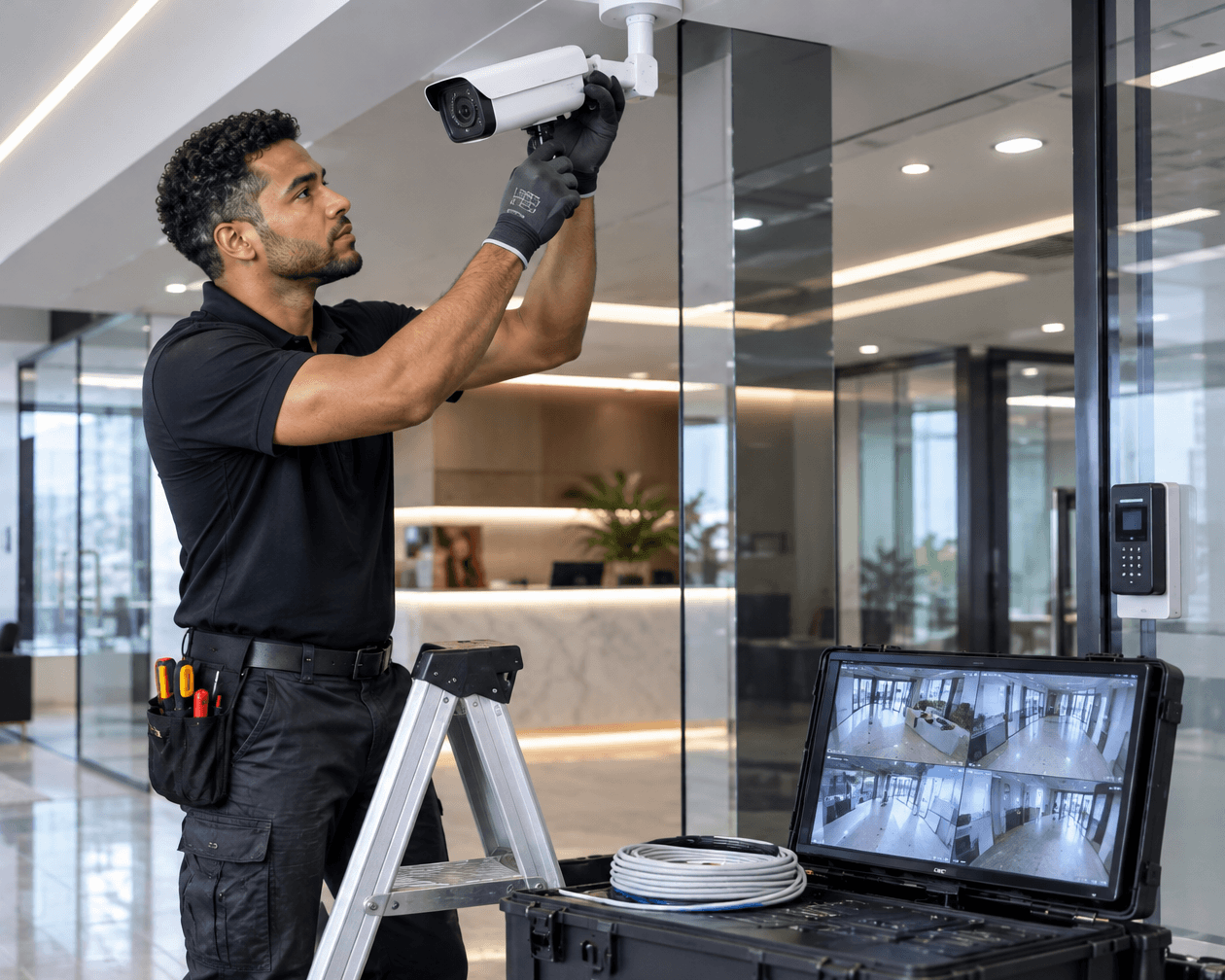 Professional CCTV security and surveillance installation in action