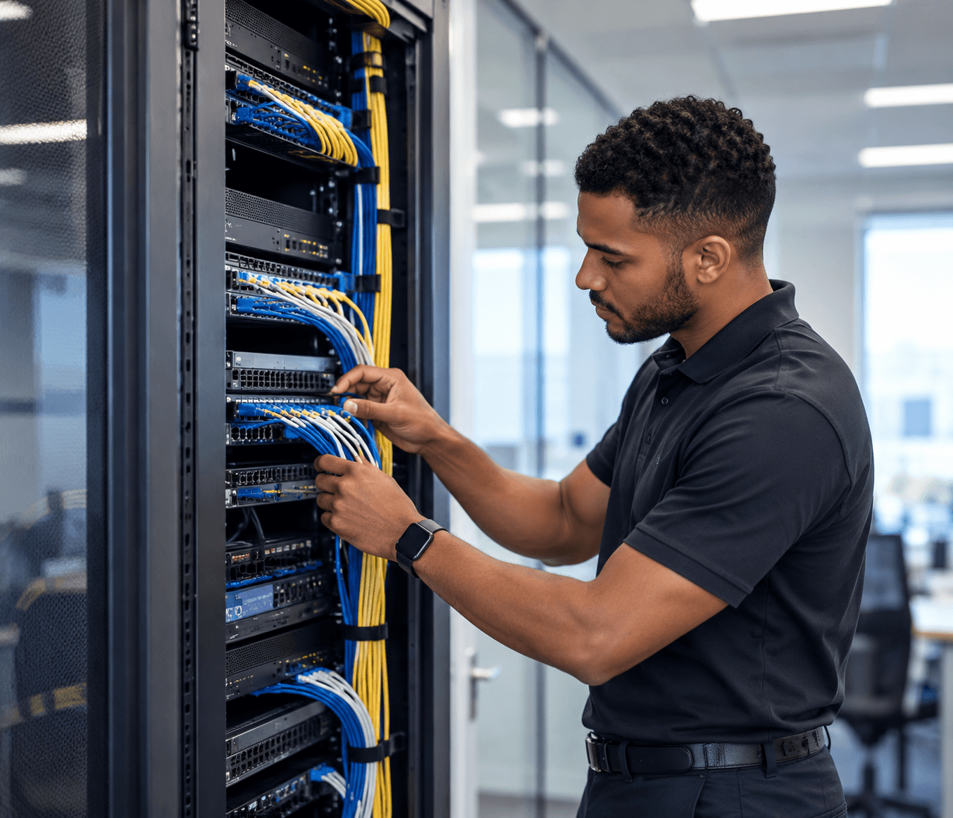 High-performance server room with clean structured cabling and LED lighting